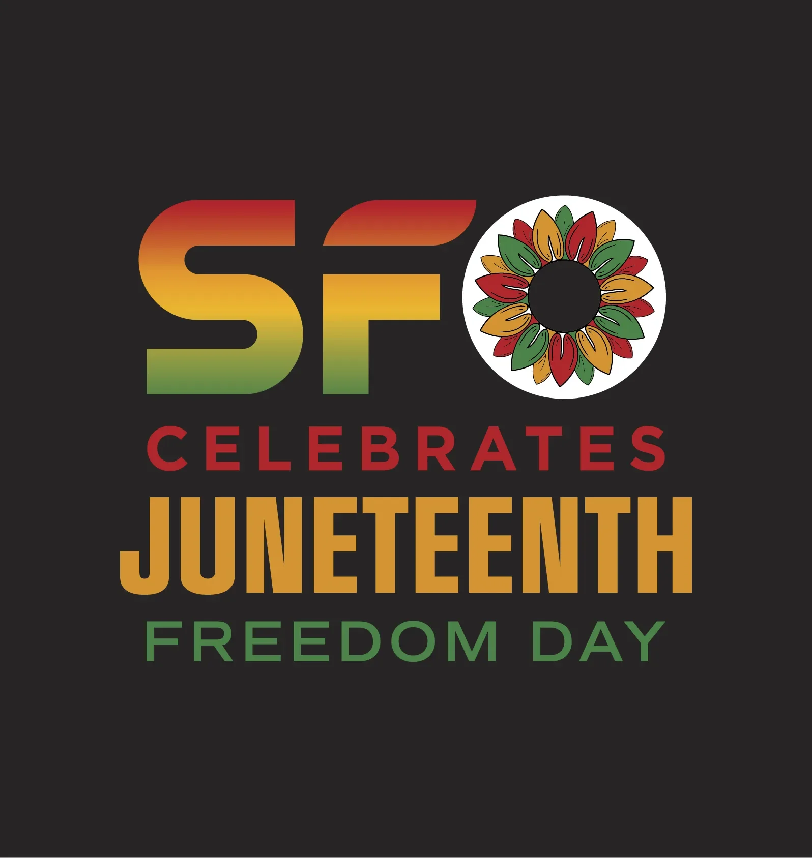 Illustration for Juneteenth with a red, green, and yellow SFO logo